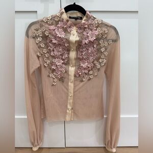 Floral Embroidered Sheer Blouse - Pink and Cream